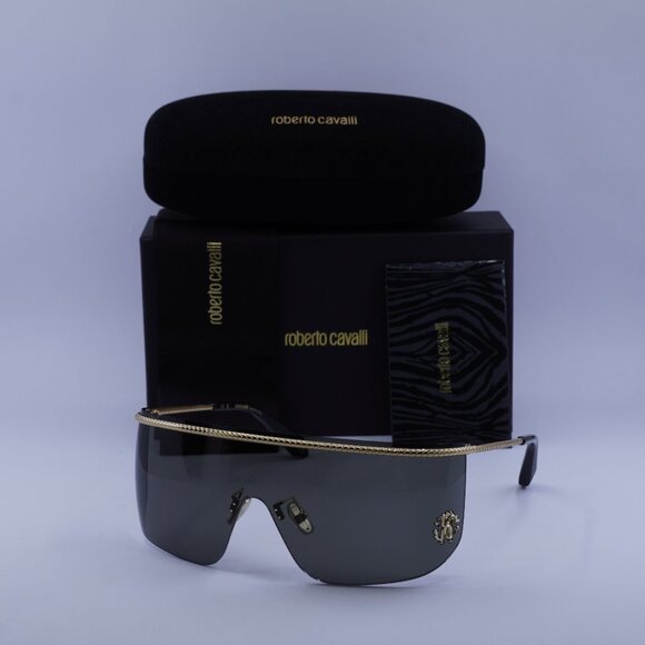 Roberto Cavalli SRC012M 0300 Shield Sunglasses – Gold\\Grey main image 5
